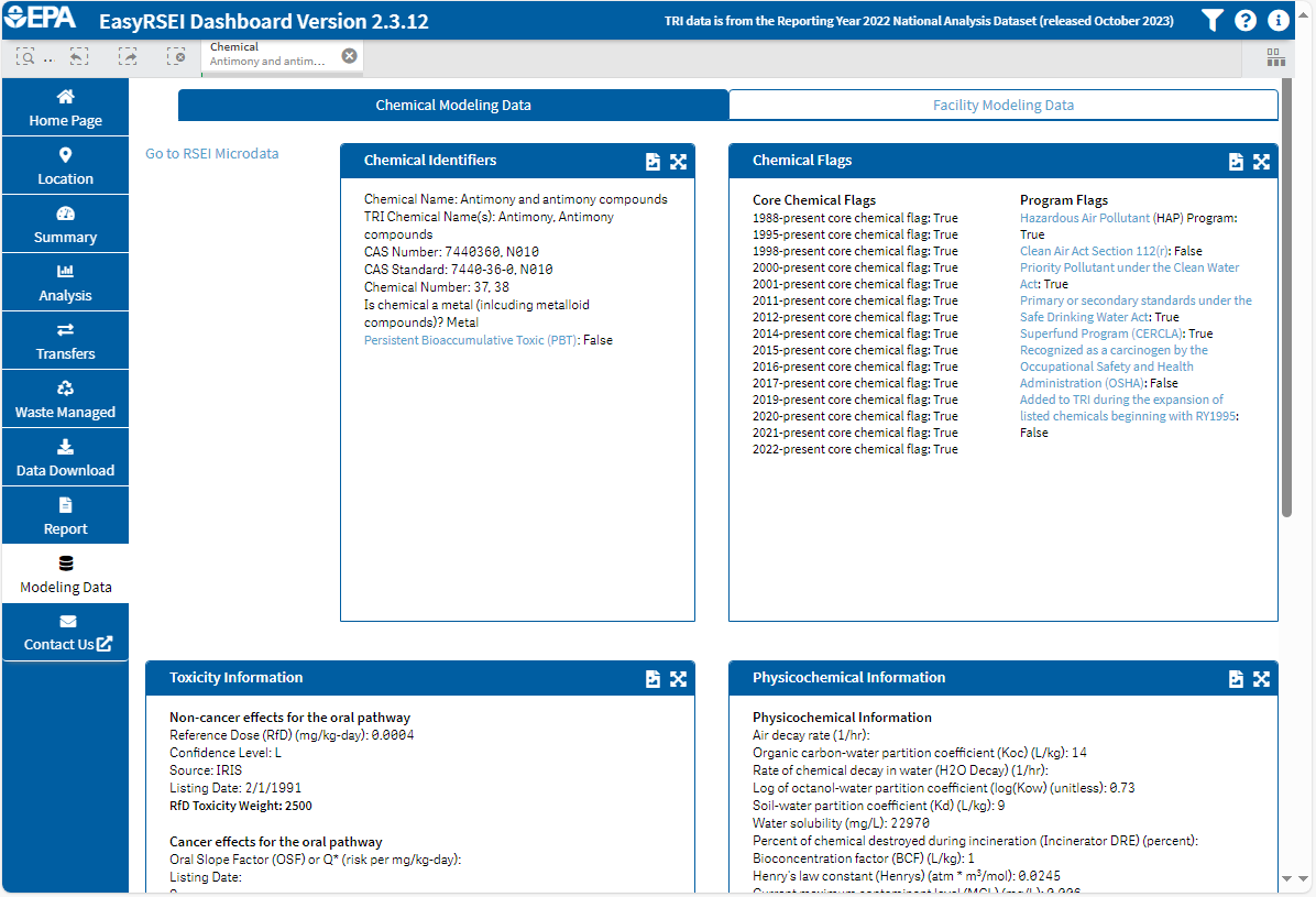 Screenshot of EasyRSEI chemical modeling data page, showing specific data for a selected chemical