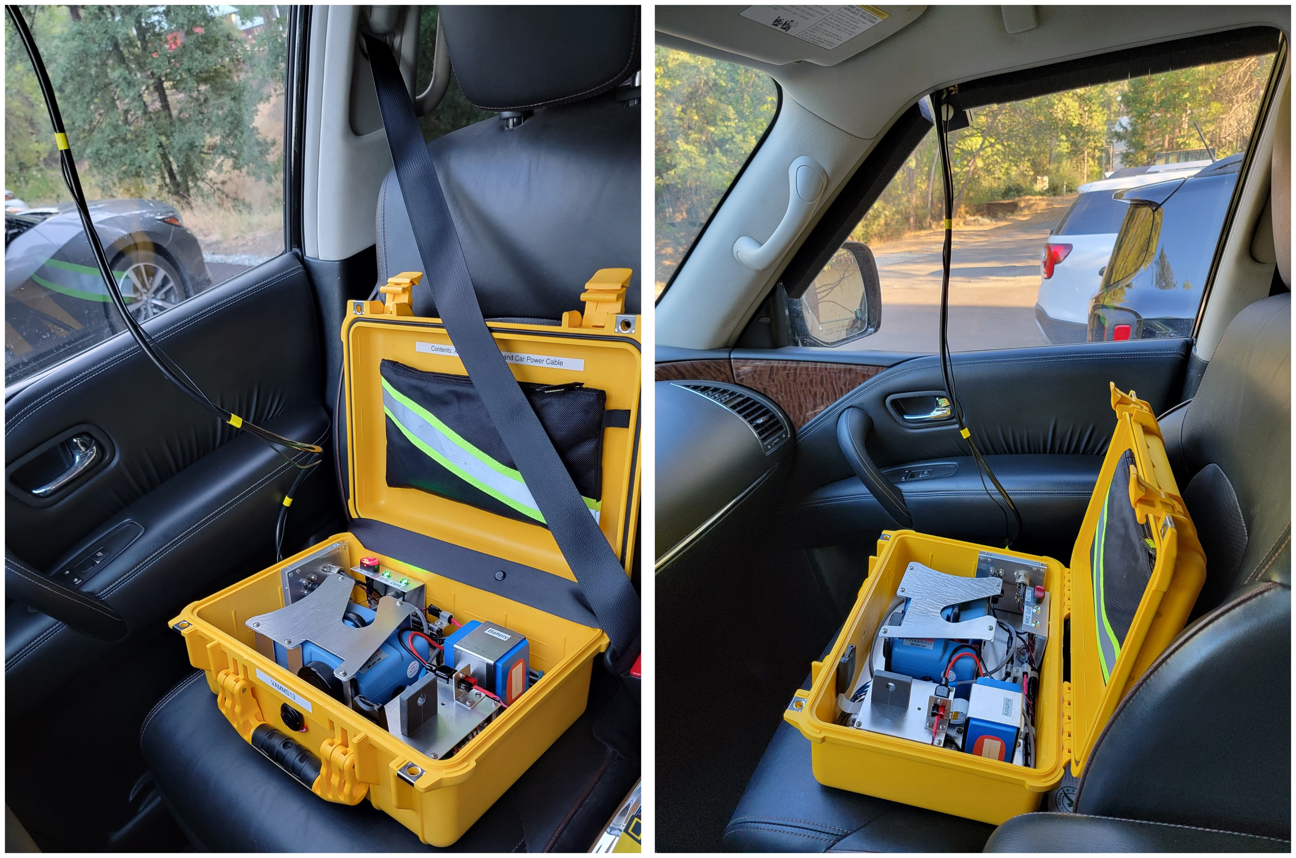 Two photos of the VAMMS mobile air sensor, in the passenger seat of a car. The lid of the VAMMS is open and it's ready to take measurements.