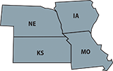 Map of EPA Region 7, which contains Nebraska, Iowa, Kansas, and Missouri.