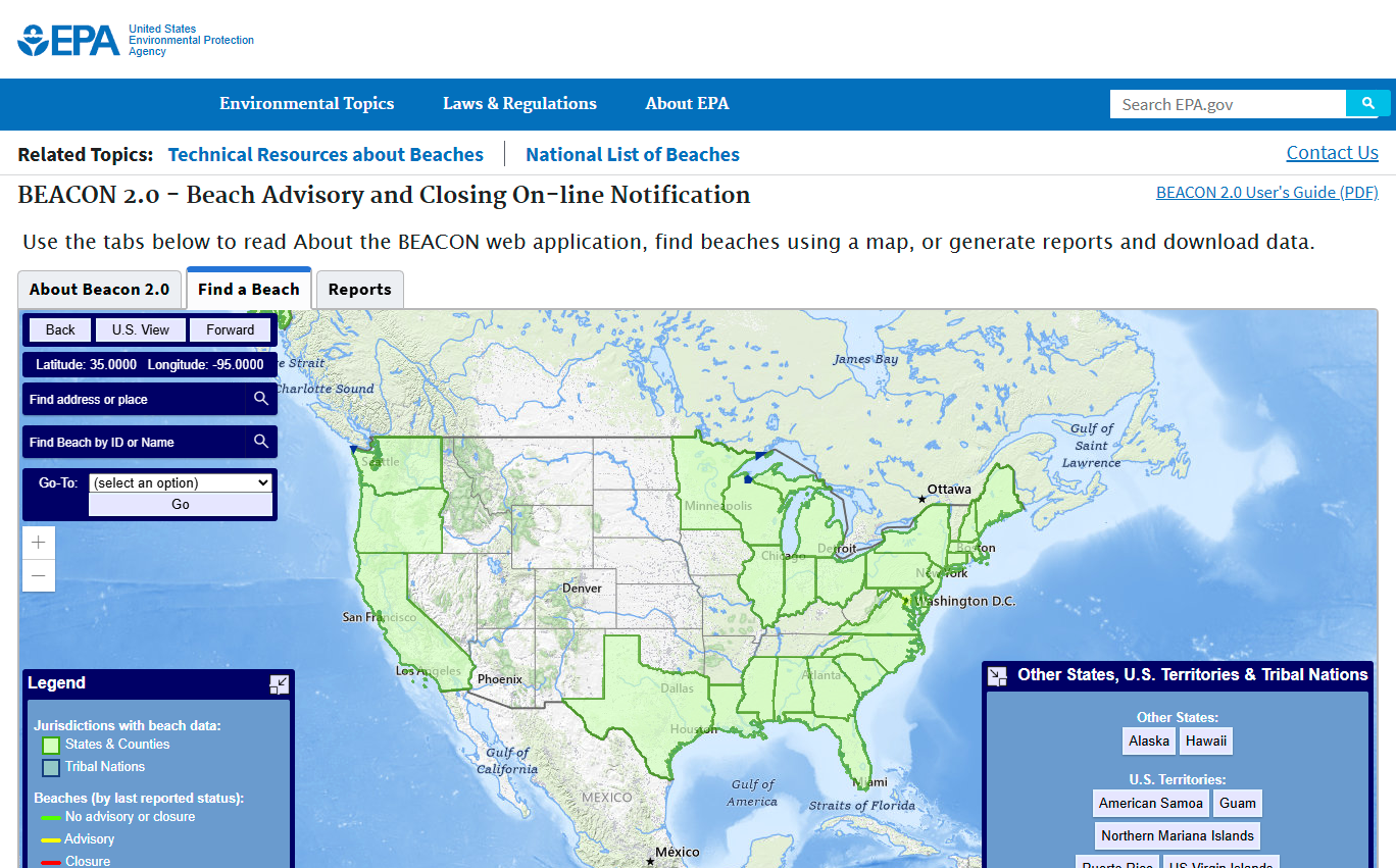 Public database of pollution occurrences for coastal recreation waters.