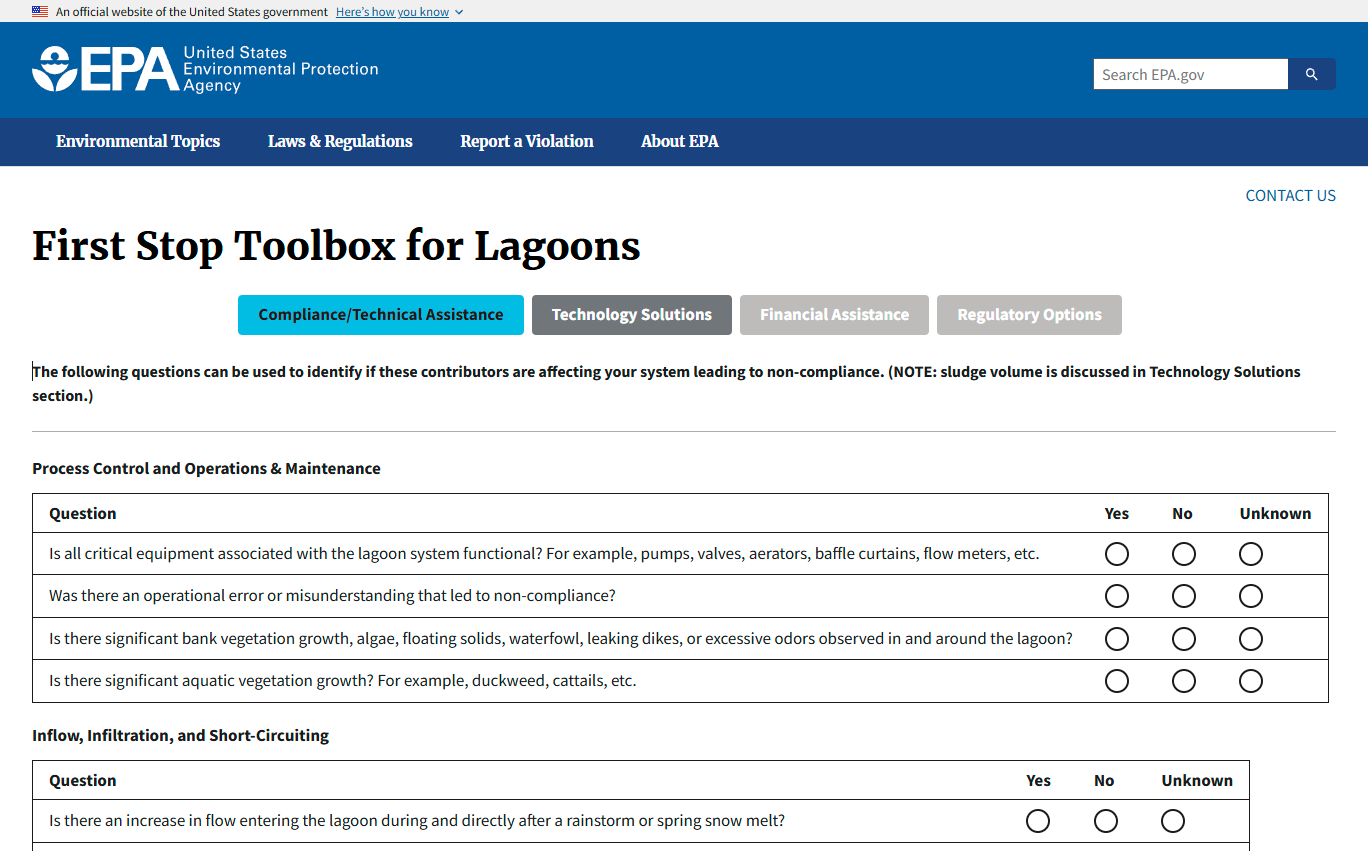 Technical, financial, and regulatory support resources for wastewater lagoon operators.