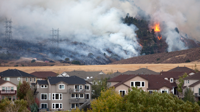Wildfire near a neighborhood.