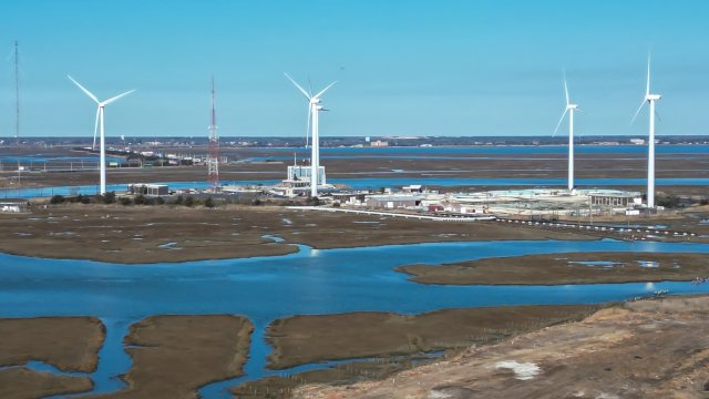 View of wind turbines in a salt marsh at Atlantic City
