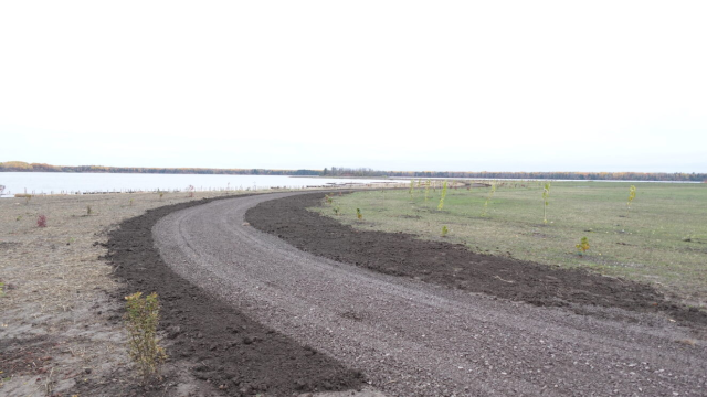 Hydroseeding along the pedestrian trail segment on the Delta Upland Cap is in progress.  