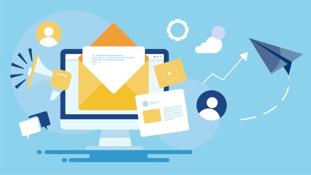 Icon of a computer monitor with a letter, megaphone, and paper airplane.