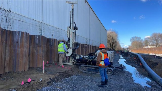 A geoprobe rig is used for confirmatory subsurface soil sampling