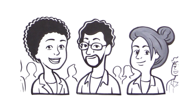 Illustration of a group of people with two women and a man in the center