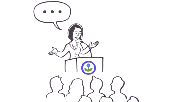 Illustration of a woman at a podium with the EPA logo on it speaking to a crowd