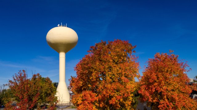 Iconic water tower located in Meridian Idaho with fall colored trees.