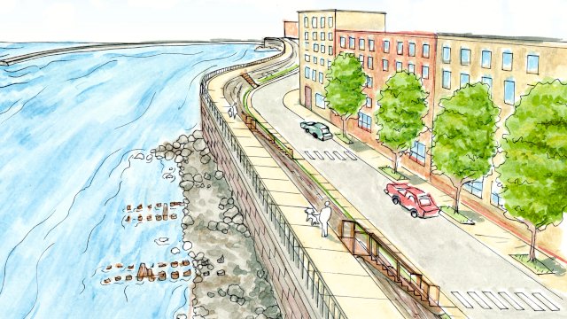 A watercolor illustration of a high seawall protecting a coastal place.