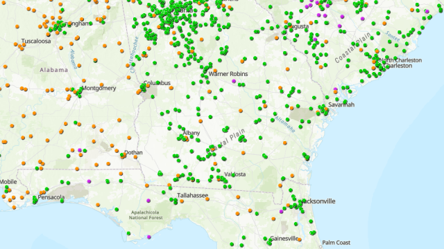 Screenshot of the disaster debris recovery tool zoomed into the southeastern United States