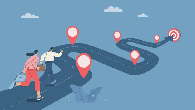 a drawing of two people running towards a goal with stops along the way