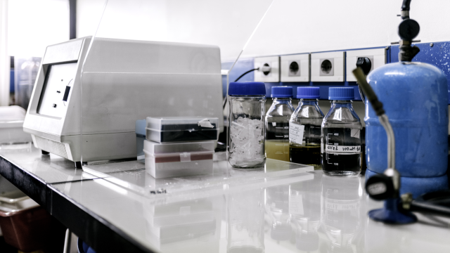 biology lab with blue containers