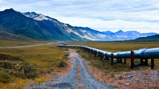 Pipeline in front of Alaska mountains