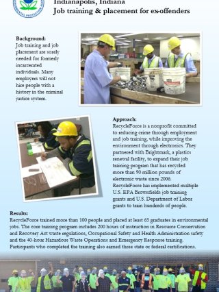 Light blue poster with a description about RecycleForce, Inc.'s job training program. Three photos show students wearing yellow hard hats and safety vests as they receive training in the program.