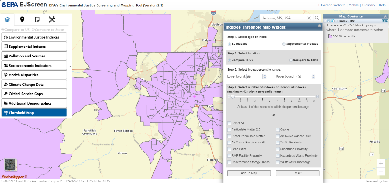 Threshold Maps in EJScreen US EPA