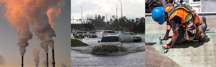 Three picture collage: smokestacks, flooded street, and construction worker.