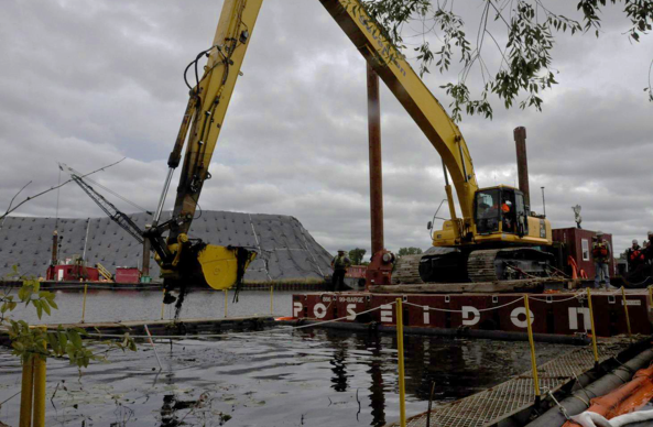 Mechanical dredging of contaminated sediment in Ryerson Creek.