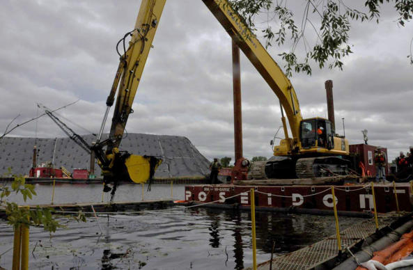 Mechanical dredging of contaminated sediment in Ryerson Creek. 