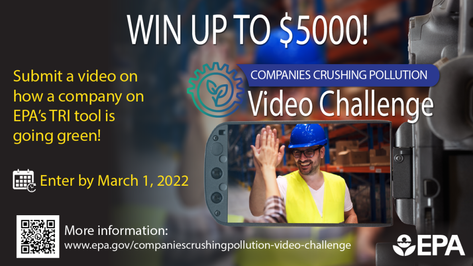 The graphic includes information about the TRI P2 Video Challenge and includes a photo of a man high fiving an employee for a job well done.