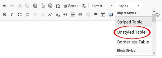 wysiwtg toolbar styles unstyled table