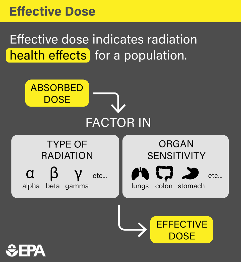 Effective dose indicates radiation health effects for a population. It takes the absorbed dose and adjusts it for radiation type and organ sensitivity. It is an indicator for long-term health effects for the average person. 
