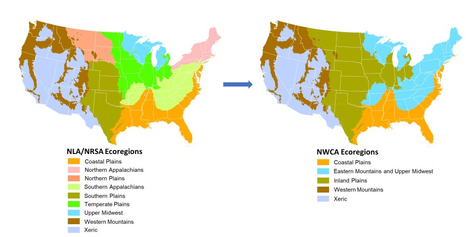 Image showing how the NARS 9  ecoregions are aggregated into 5 ecoregions for NWCA