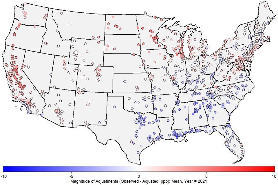 Map of 2021 met-adjusted mean ozone concentrations