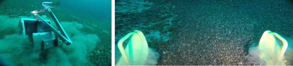 On left: The Ponar as it contacts the lake bottom. On right: An image taken using the benthic sled showing the bottom of Lake Michigan covered in invasive quagga mussels.