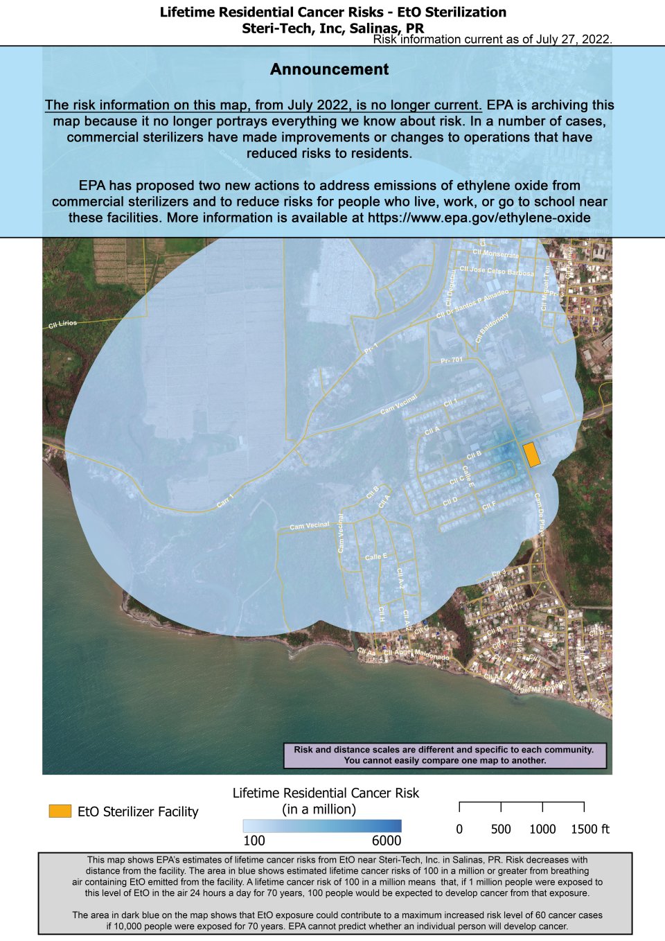 En este mapa, se muestran las estimaciones de la EPA de los riesgos de desarrollar cáncer de por vida por respirar óxido de etileno en las cercanías de las instalaciones de Steri-Tech, ubicadas en Carretera 701 Km 0.7 Parque Industrial Salinas, en Salinas, PR.  El riesgo estimado de desarrollar cáncer disminuye a medida que aumenta la distancia respecto del establecimiento.  En el punto más cercano al establecimiento, el riesgo estimado de desarrollar cáncer de por vida es de 6000 en un millón. Esta cifra d