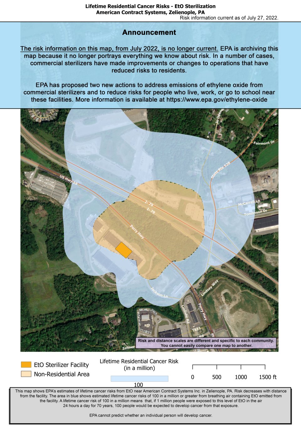  Este mapa muestra la estimación de la EPA de los riesgos de cáncer de por vida por respirar óxido de etileno cerca de American Contract Systems, 4040 Jacksons Pointe C, Zelienople, PA. El riesgo estimado de cáncer disminuye con la distancia a la instalación. Más cercano a la instalación, el riesgo estimado de cáncer de por vida es de 100 en un millón.