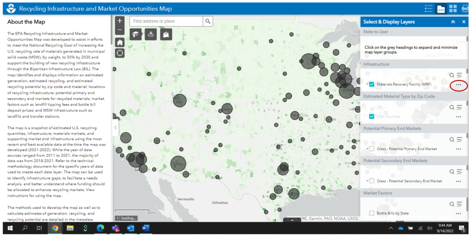 Screenshot of the Recycling Infrastructure and Market Opportunities Map application