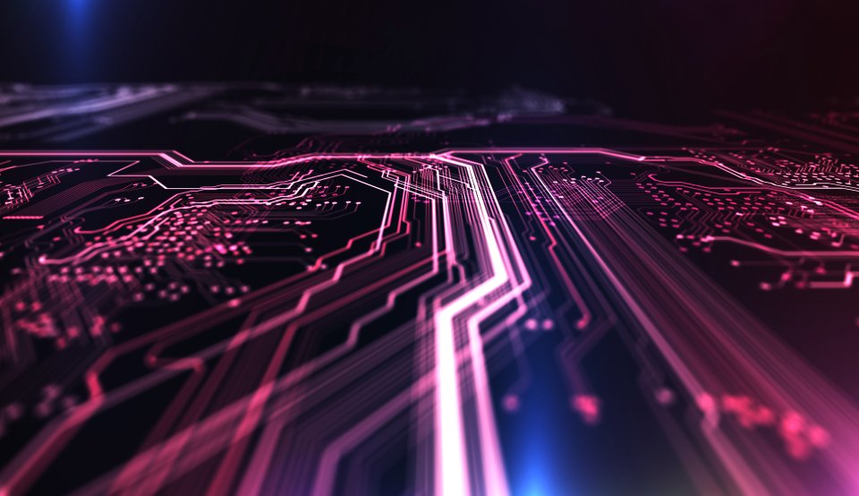 Red, blue and purple circuit board in 3D, technology background