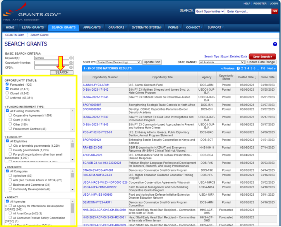 Screenshot of grants.gov search results and categories for narrowing search