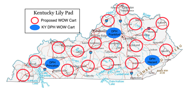 A map of the state of Kentucky showing proposed locations for pre-deployment staging of a network of WOW Carts.