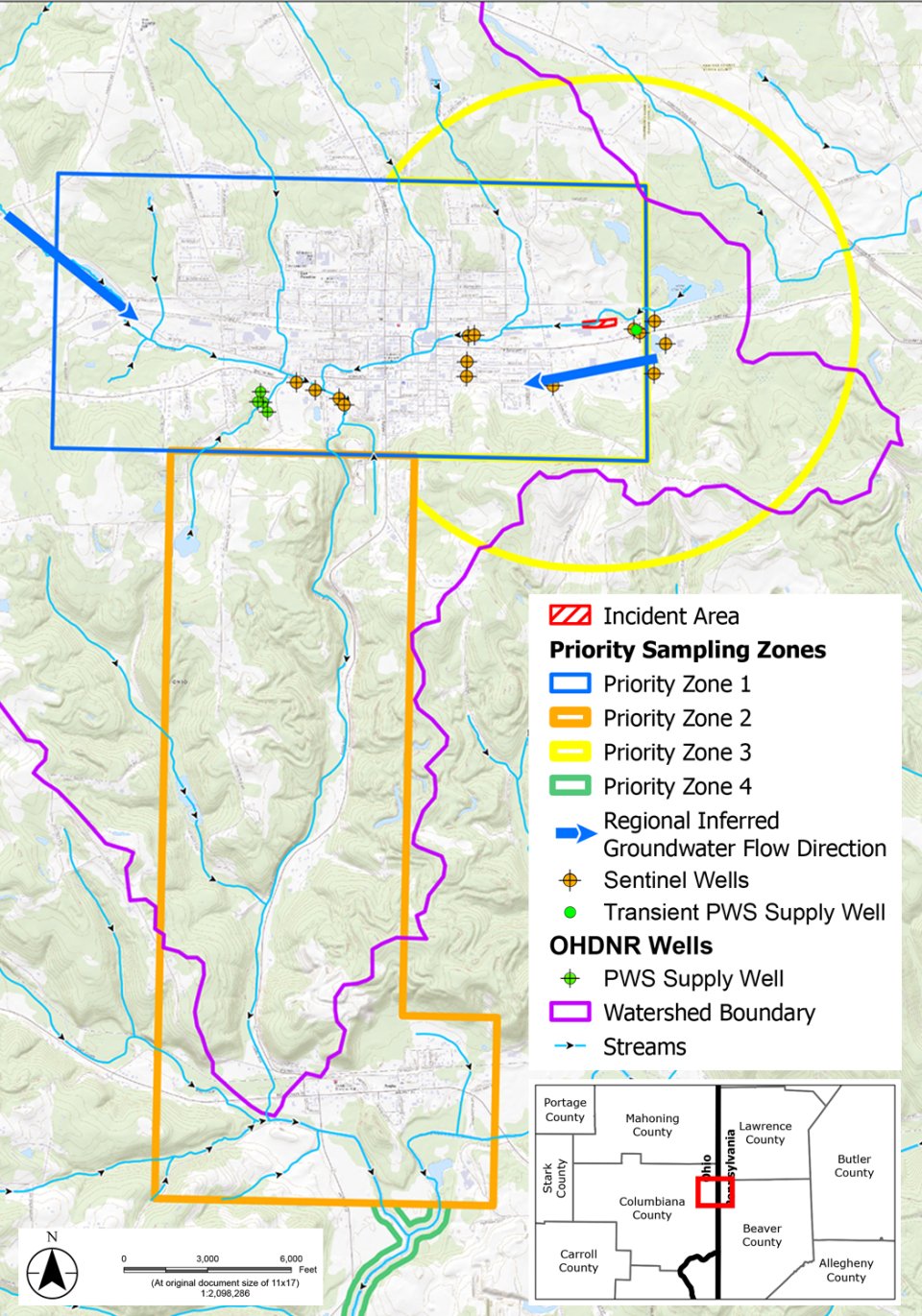 Priority sampling zones with watershed boundaries, streams, and PWS Supply well.