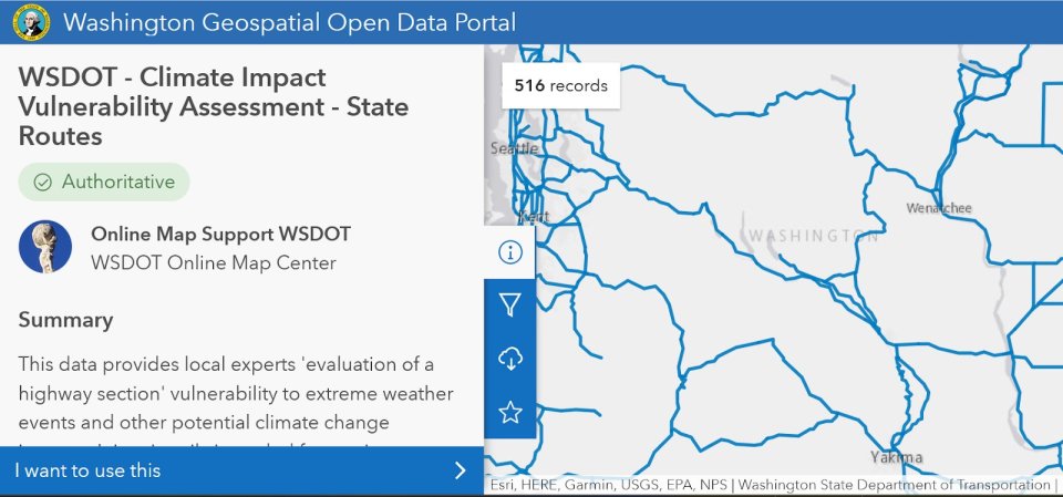 WSDOT Climate Impact Vulnerability Assessment open data portal showing state routes overlaid on a zoomed-in map of Washington State. 