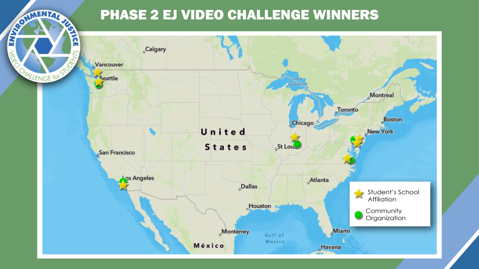 Map showing Phase 2 EJ video challenge winners across the U.S. and their partner organizations