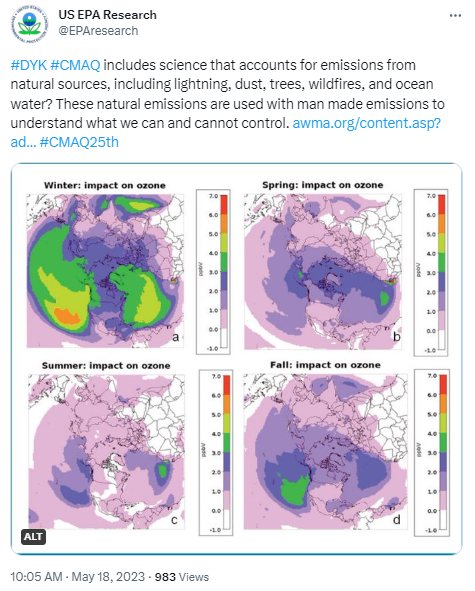 Recognizes the role of emissions from natural sources. Figure is from EM article published in October 2021 by Daiwen Kang, Jeff Willison, Golam Sarwar, Mike Madden, Christian Hogrefe, Rohit Mathur, Brett Gantt, and Alfonso Saiz-Lopez. https://www.awma.org/content.asp?admin=Y&contentid=731