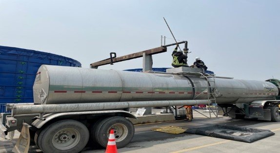 Liquid waste is loaded and measured