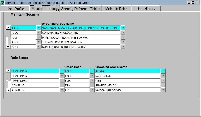 Screenshot of the security form within AQS
