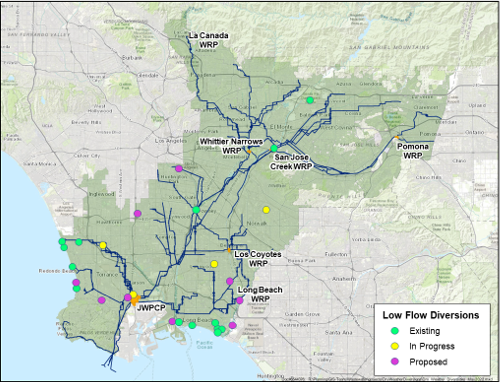 map of LA county showing the existing , in progress, and proposed low flow diversion projects