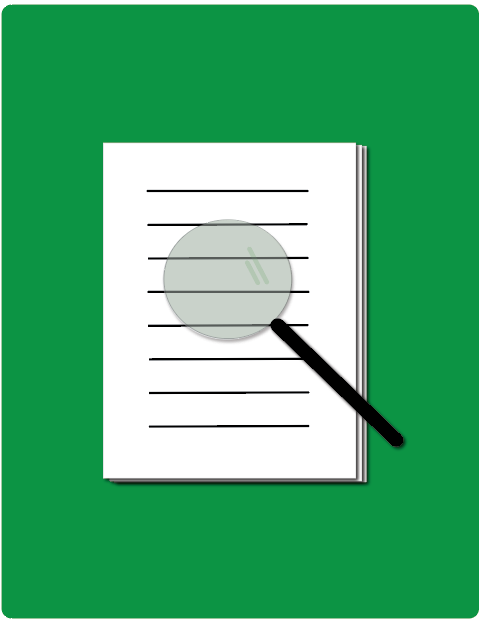 Green background with an image of a stack of papers with a magnifying glass looking at the papers.