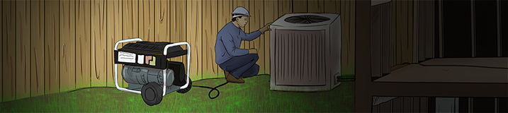 Close-up of a portable generator sitting outside and away from the home while a man inspects the air conditioning unit.