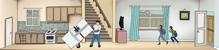 First floor of the house. All surfaces have been repaired. Children run inside wearing backpacks while a man is moving a refrigerator into the kitchen.