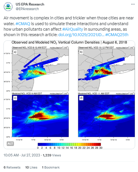 This tweet highlights the use of CMAQ to simulate air pollution in urban areas, such as NYC, which have complex meteorology, emissions, and atmospheric chemistry. This tweet features a figure from Torres-Vazquez et al. (https://doi.org/10.1029/2021JD035890)  