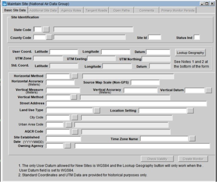 screenshot of the AQS maintain site form