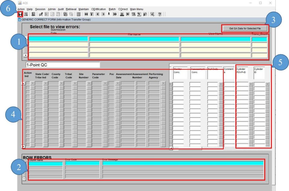 screenshot highlighting the different sections of importance on the one point qc correct form in AQS