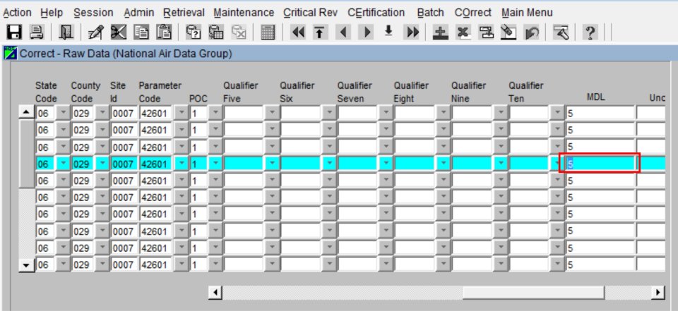 screenshot in AQS raw data form illustrating how to edit individual cell