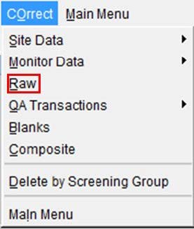 screenshot of the aqs correct drop down menu with the raw option highlighted